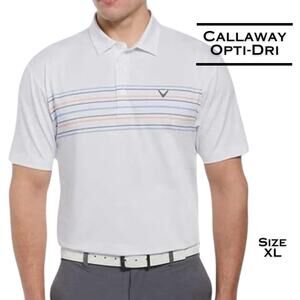 Callaway Mens Golf Polo Shirt XL White Thin Stripe Opti-Dri Wicking Ventilated